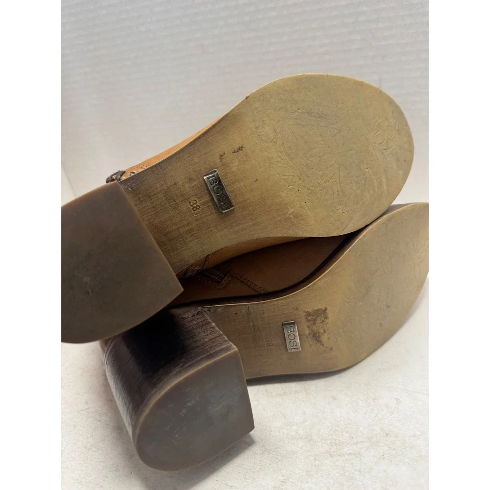 Bosi Tan Brown Leather Ankle Boots Stacked Block Heel Western Booties 38 7.5